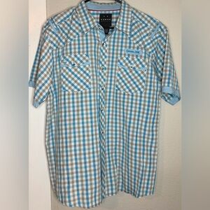 Koman Blue Gray Plaid Sleeve Button Shirt Men XL
